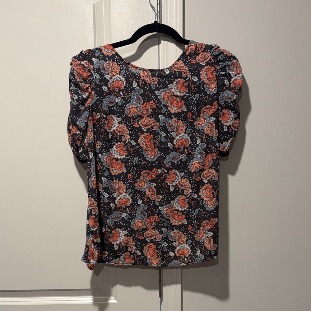 LOFT Paisley Puff Sleeve Blouse - Black and Orange